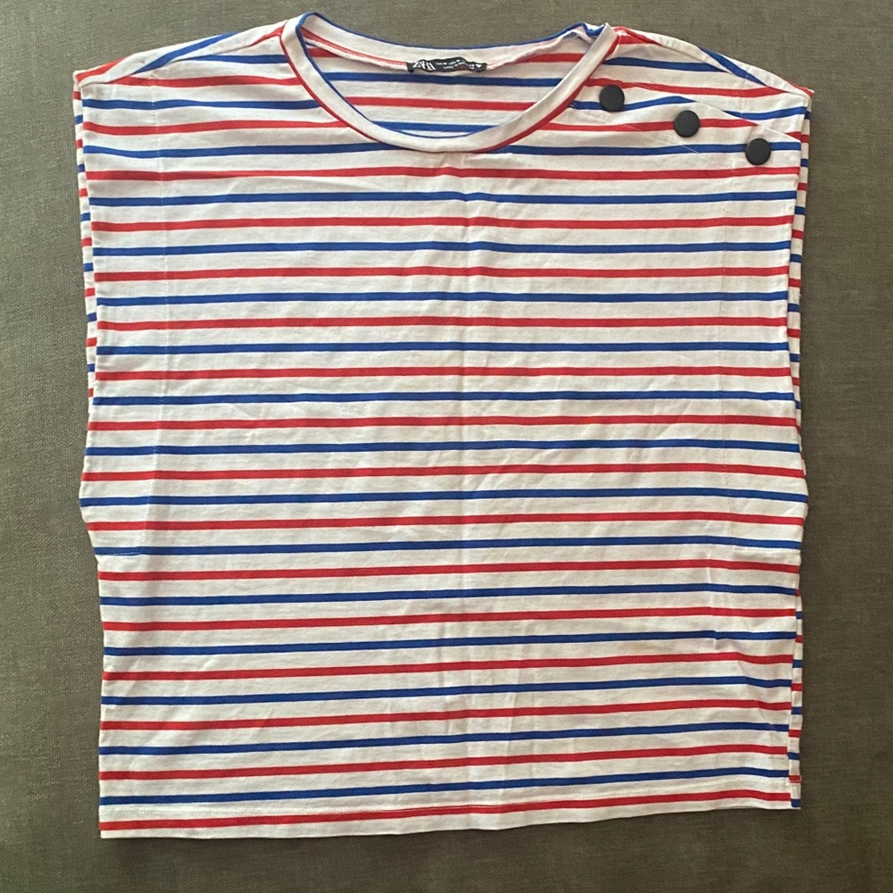 Zara Red, Blue & White Striped Sleeveless Top with Shoulder Buttons